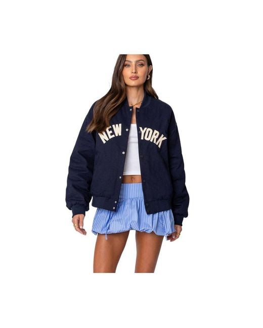 Edikted Blue Big Apple Oversized Bomber Jacket