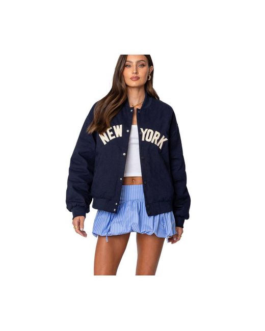 Edikted Blue Big Apple Oversized Bomber Jacket