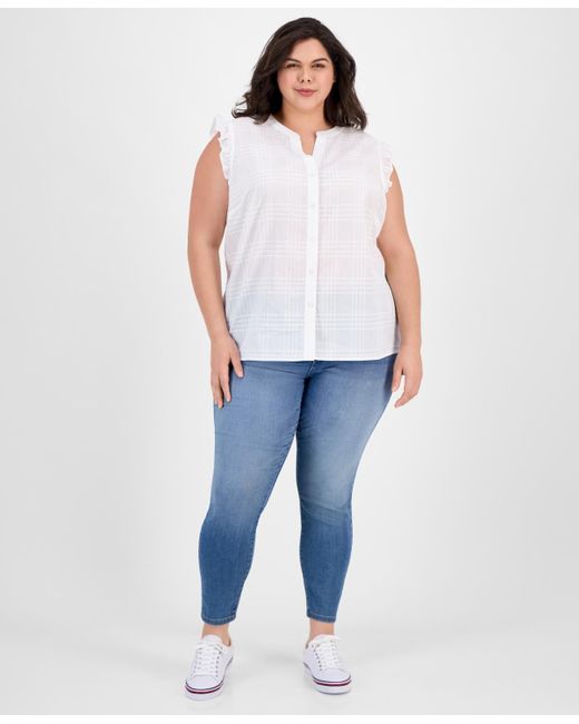 Tommy Hilfiger White Plus Size Cotton Ruffled Sleeveless Shirt