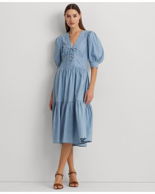 Lauren by Ralph Lauren Blue Petite Cotton Chambray Puff-sleeve Dress