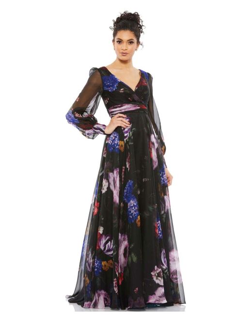 Mac Duggal Black Floral Print Chiffon Long Sleeve Maxi Dress