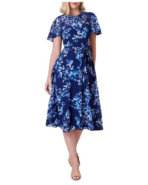 Jessica Howard Blue Belted Floral Chiffon Midi Dress