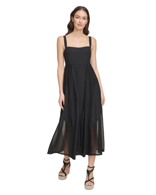 DKNY Black Solid Square-neck Sleeveless Chiffon Dress