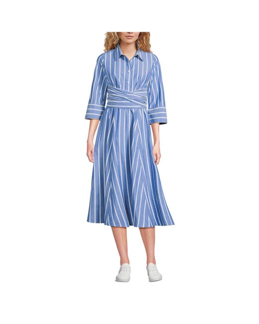Lands' End Blue Poplin Midi Wrap Front Dress
