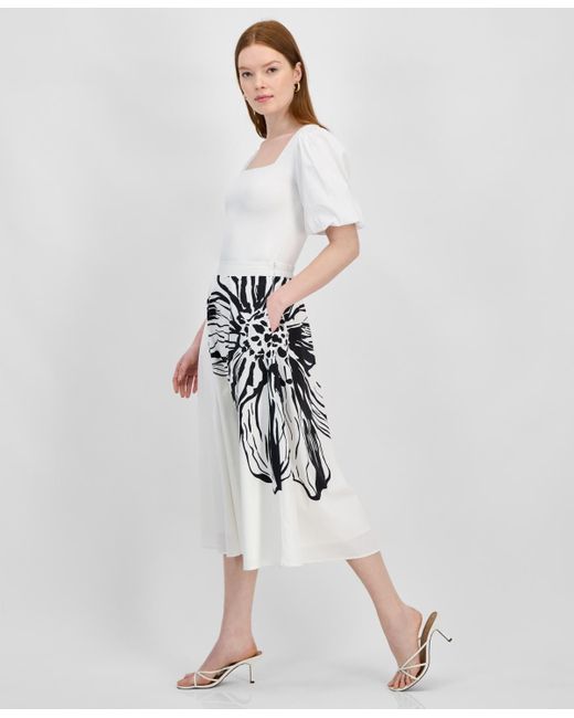 Tahari White Placement-print Flared Midi Skirt
