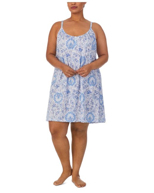 Lauren by Ralph Lauren Blue Plus Size Floral Double-strap Nightgown