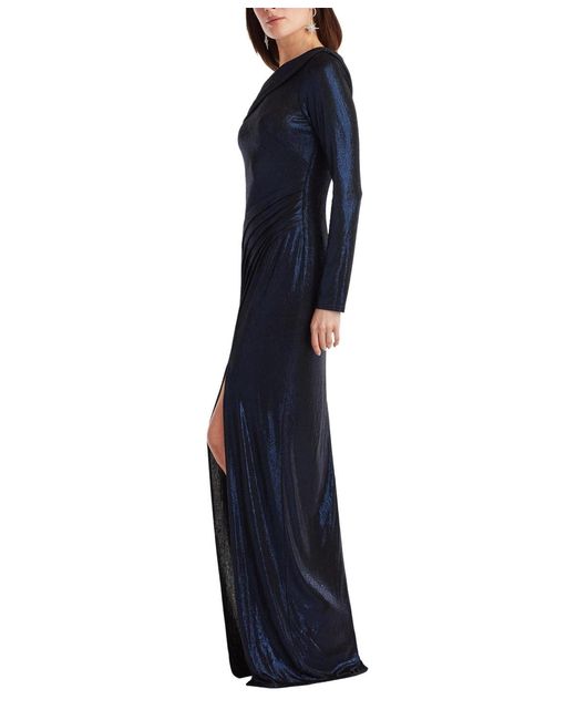 Tadashi Shoji Blue Toryn Metallic Pleated Draped Gown.