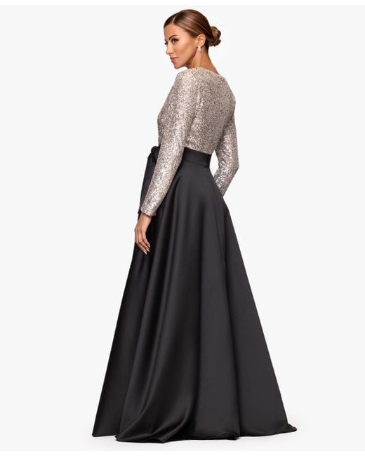 Xscape Women's Black Petite Sequin Detail V-neck Maxi Dress