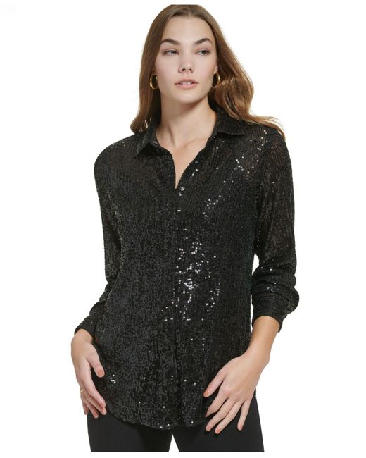 Calvin Klein Oversized Sequin Button Down Shirt in Black | Lyst