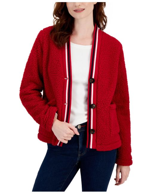 Tommy Hilfiger Red Fuzzy V-neck Cardigan Sweater