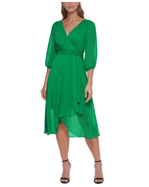 DKNY Green Chiffon 3/4-sleeve Midi Dress