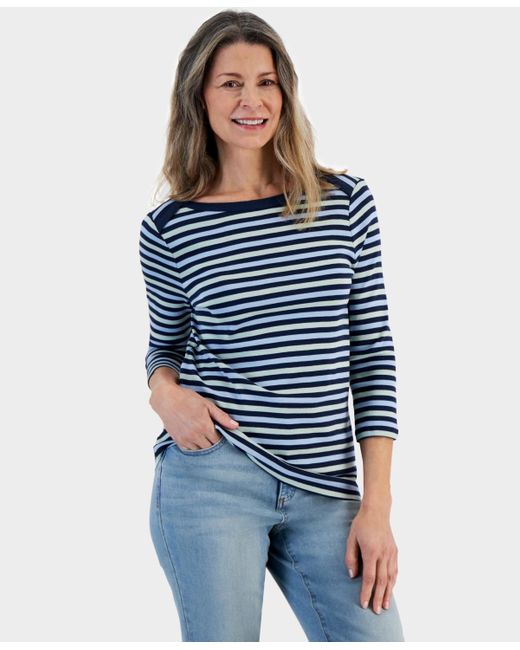 Style & Co. Blue Petite Valerie Striped 3/4-sleeve Boat-neck Top