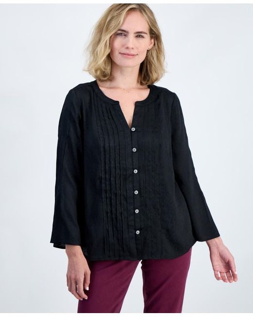 Style & Co. Blue Petite Y-neck Long Bell-sleeve Blouse