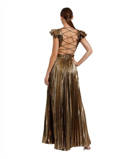 Mac Duggal Natural Ruffle Sleeve Cutout Pleated Metallic Gown