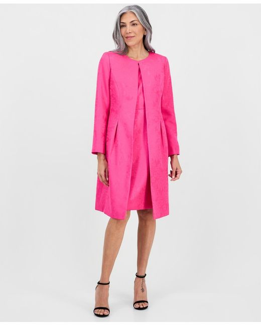 Le Suit Women's Pink Jacquard Jacket & Round-neck Sheath Dress
