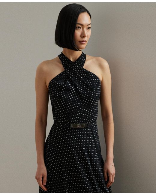 Ralph Lauren Multicolor Polka-dot Belted Georgette Halter Gown