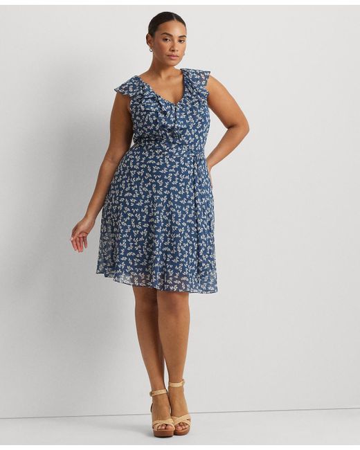 Lauren by Ralph Lauren Blue Plus Size Ruffled Floral Fit & Flare Dress