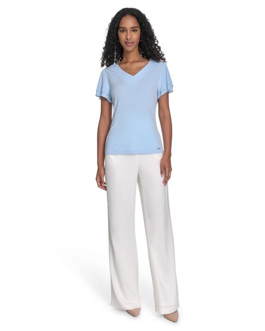 Calvin Klein Blue Solid V-neck Flutter-sleeve Top