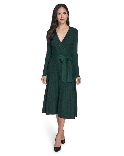 Jessica Howard Petite Long Sleeve Wrap Bodice Fit And Flare Midi Dress in  Green | Lyst