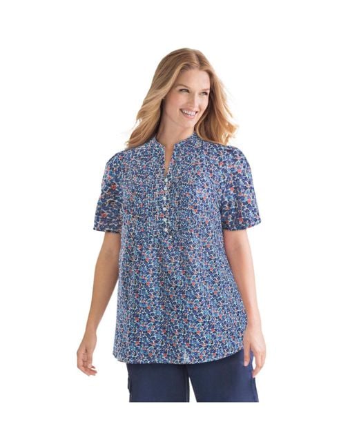 Woman Within Blue Plus Size Pintucked Half-button Tunic
