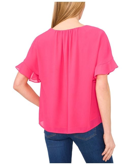 Cece Red Short-sleeve Half Button Flowy Blouse