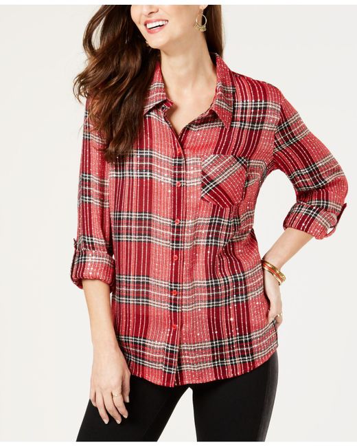 Style & Co. Red Sparkle Plaid Shirt, Created For Macy's