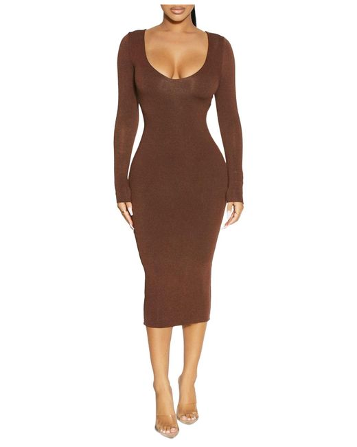 Naked Wardrobe In Too Deep V neck Dress In Brown Lyst classic-black-dress-little-white-dresses-classy-dress-deep-neck