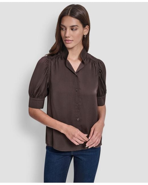 DKNY Women's Gray Stand Collar Puff-sleeve Shirt