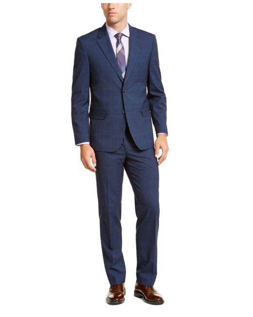 Nautica Modern-fit Bi-stretch Blue Plaid Big And Tall Suit for men