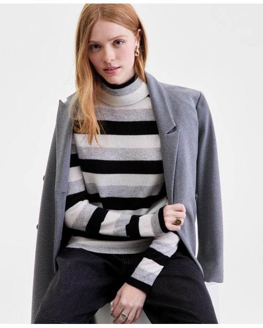 Charter Club Women's Gray 100% Cashmere Multi-stripe Turtleneck