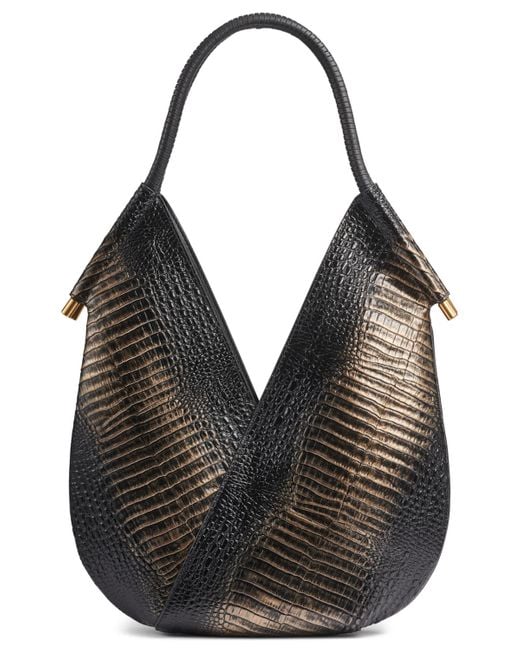 Donna Karan Black Baldwin Metallic Croco Medium Shoulder Bag