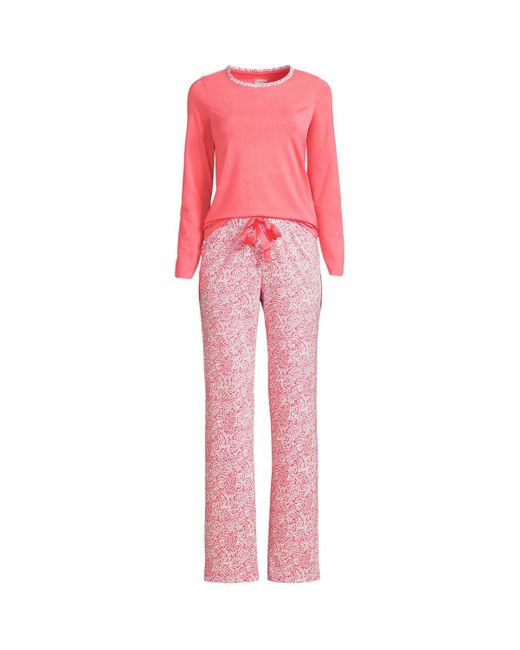 Lands' End Pink Knit Pajama Set Long Sleeve T-shirt And Pants
