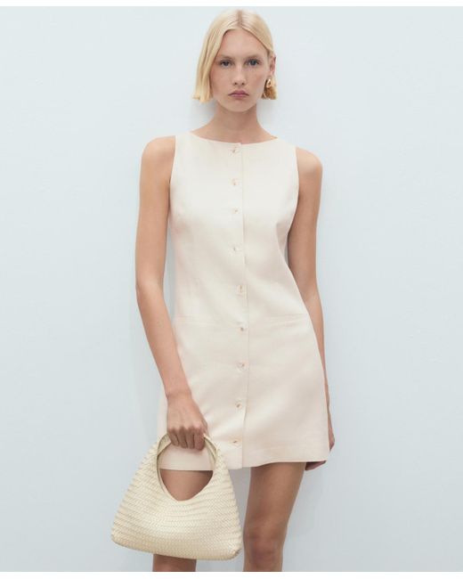 Mango White Short Button-down Linen-blend Dress