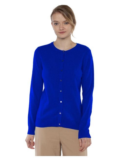 Jennie Liu Blue 100% Cashmere Button Front Long Sleeve Crewneck Cardigan Sweater