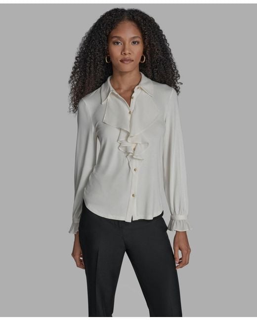 BCBGMAXAZRIA Gray Button Down Ruffle Front Blouse