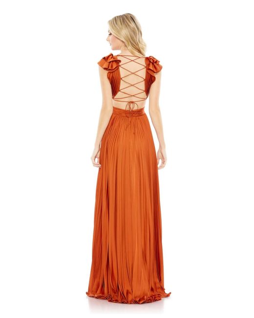 Mac Duggal Orange Ieena Pleated Ruffled Cap Sleeve Cut Out Lace Up Gown