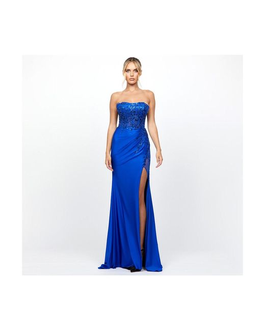 Bariano Women's Blue Madeleine Strapless High Split Gown Bariano Women's Blue Madeleine Strapless High Split Gown
