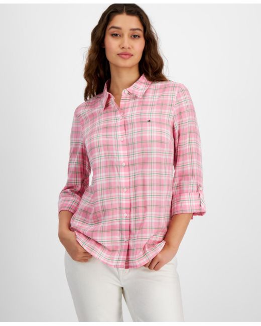 Tommy Hilfiger Pink Plaid Parker Roll-tab-sleeve Button-down Top