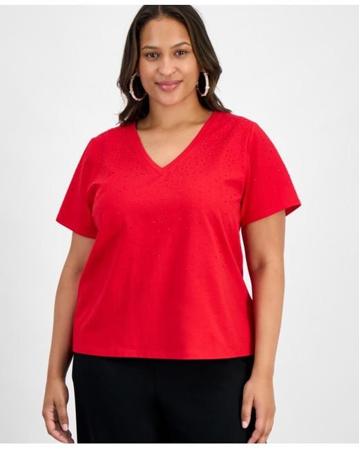 INC International Concepts Red Plus Size V-neck Rhinestone-embellished Top