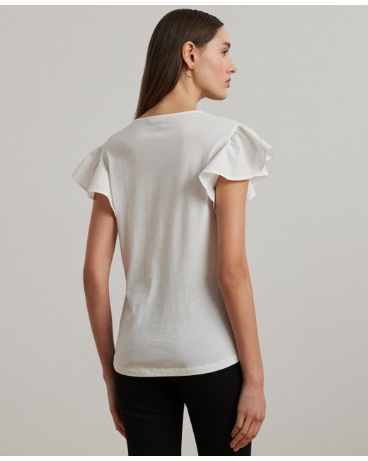 Ralph Lauren White Lace-trim Jersey Flutter-sleeve Tee