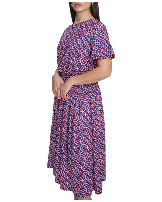 Kensie Purple Geo-print Puff-sleeve Midi 2-pc. Dress