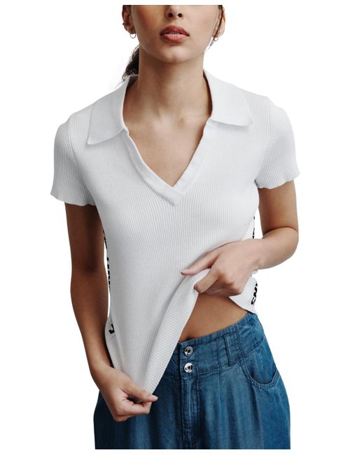 DKNY White V-neck Side-logo Rib-knit Short Sleeve Polo Top