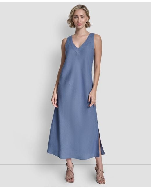 DKNY Linen Panelled V-neck Midi Dress in Blue | Lyst