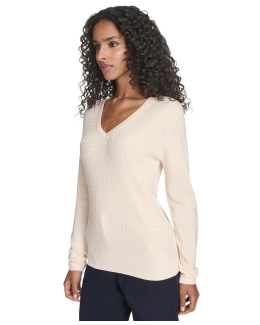 Tommy Hilfiger White V-neck Cable Sweater