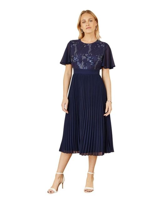 Yumi' Women's Blue Sequin Embellished Pleated Midi Dress