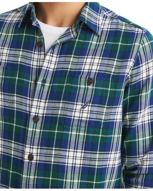 Nautica Blue Straight Collar Plaid Shirt for men