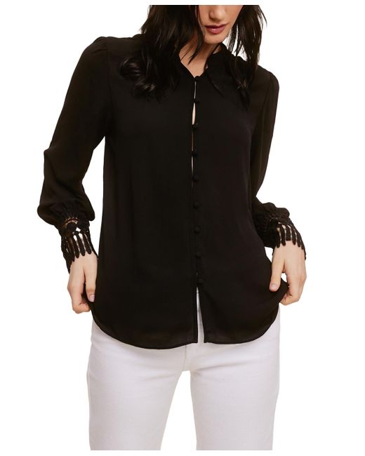 Fever Black Solid Soft Crepe Blouse With Lace Cuff