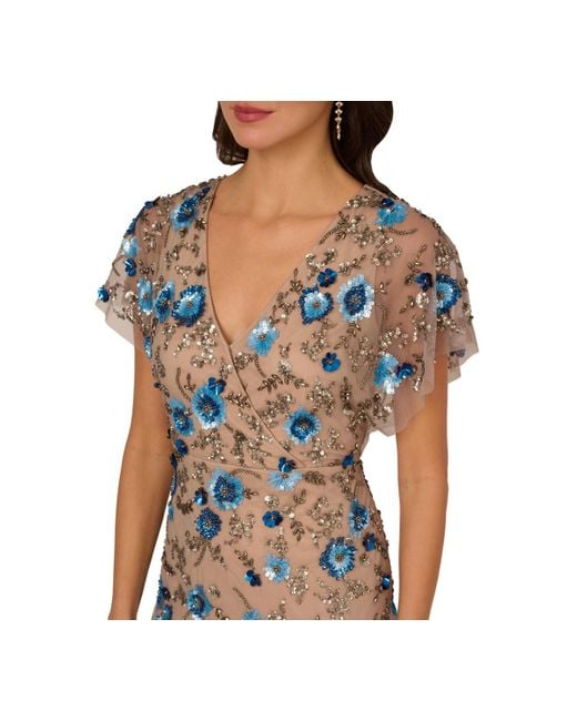 Adrianna Papell Beaded Mesh Column Dress in Metallic