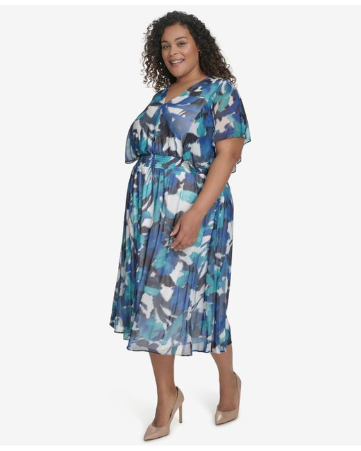 DKNY Blue Plus Size Printed Flutter-sleeve Midi Dress