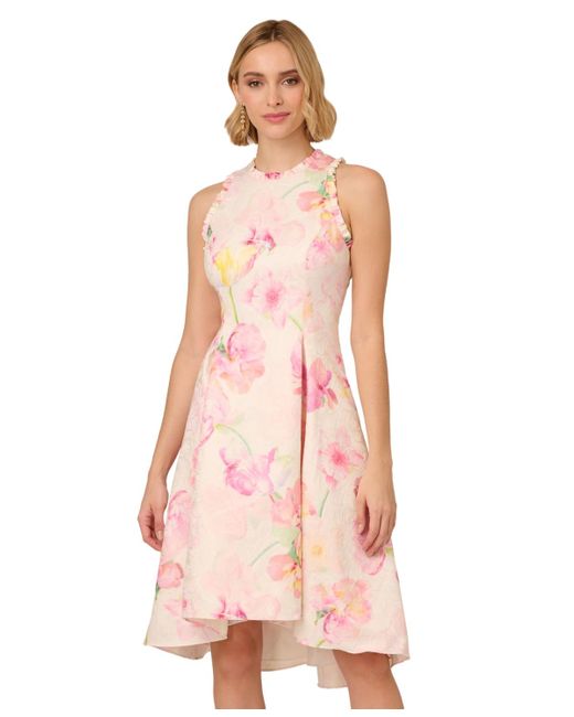 Adrianna Papell Pink Floral Jacquard Ruffle-trim Dress